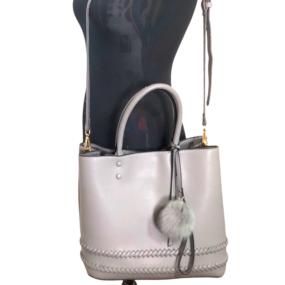 Gray Vegan Leather Shoulder Bag Handles Adjustable Strap Handbag Purse